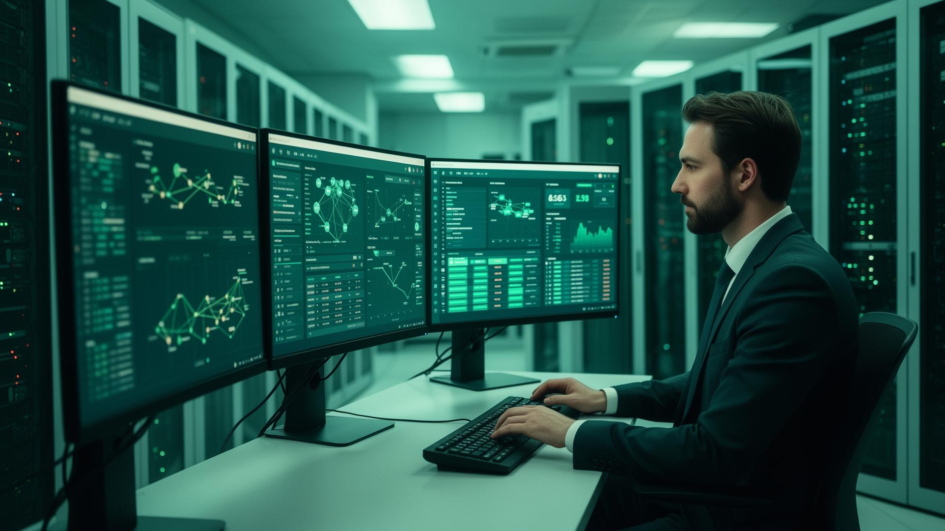 Especialista em TI monitorando infraestrutura corporativa